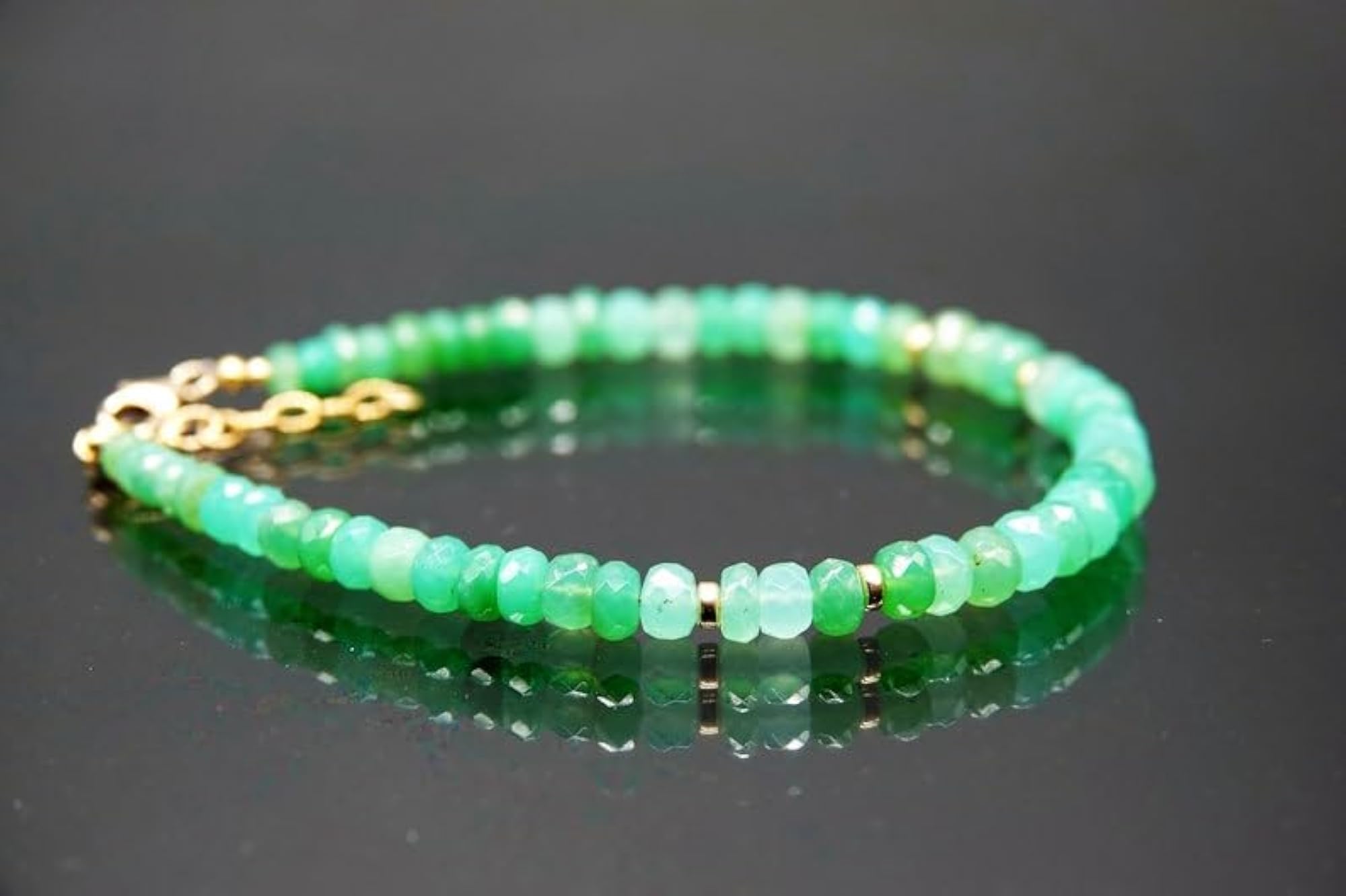 Chrysoprase Rondelle Beaded Bracelet with Gold Lock, Adjustable